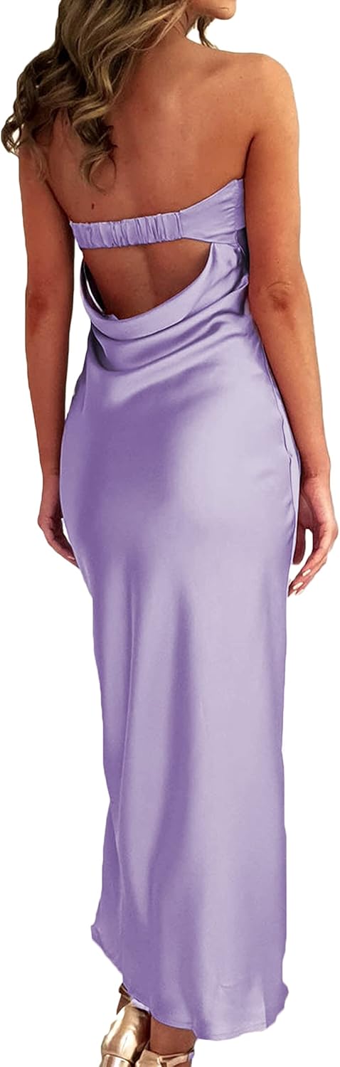 Realtix Satin Silk Backless Tube Tops Maxi Dress for Women Low Back Hollow Out Elegant Strapless Long Dresses Wedding Guest