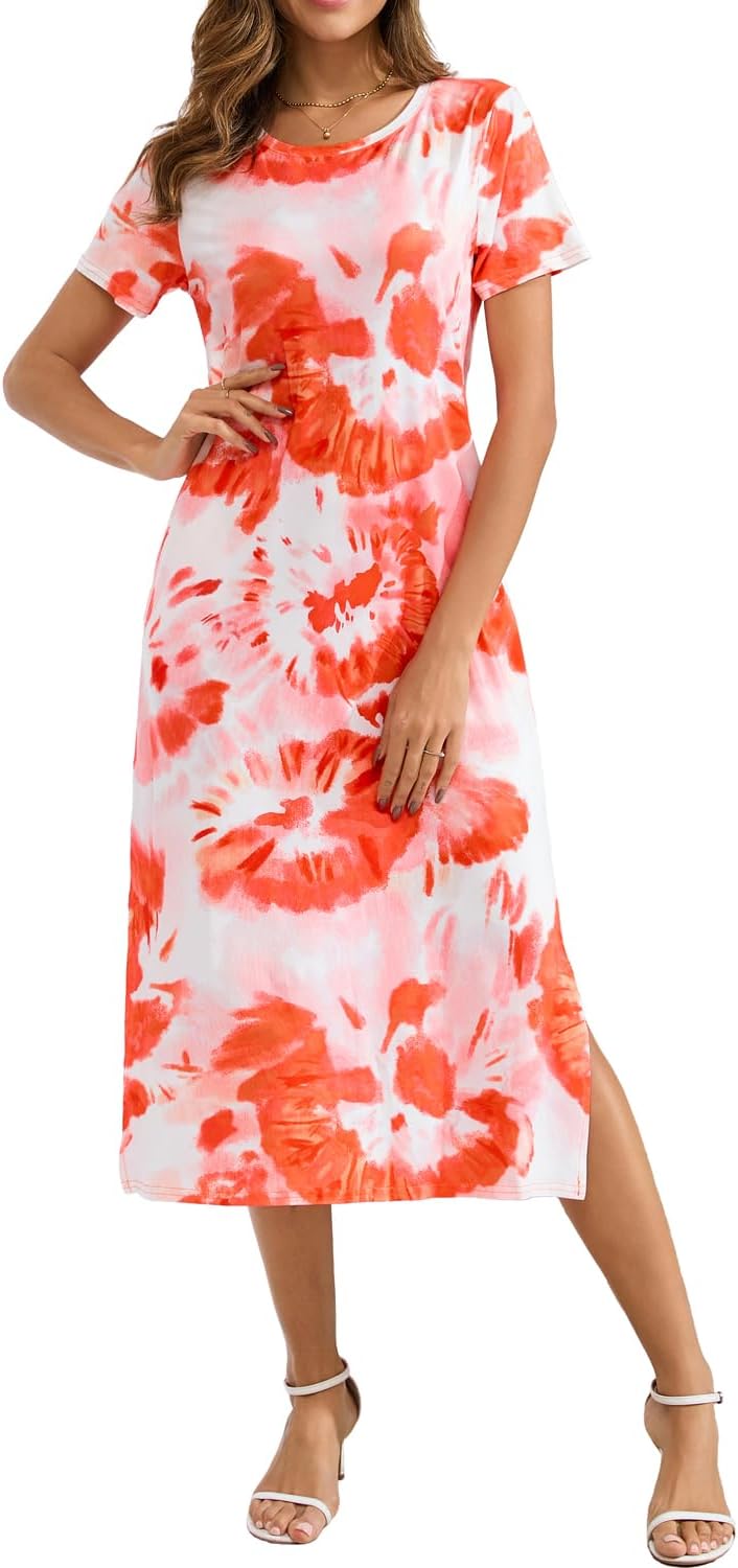 Naggoo Women's Short Sleeve Split Maxi Dress Casual Plain Tie Dye Print Tshirt Long Dresses with Pockets