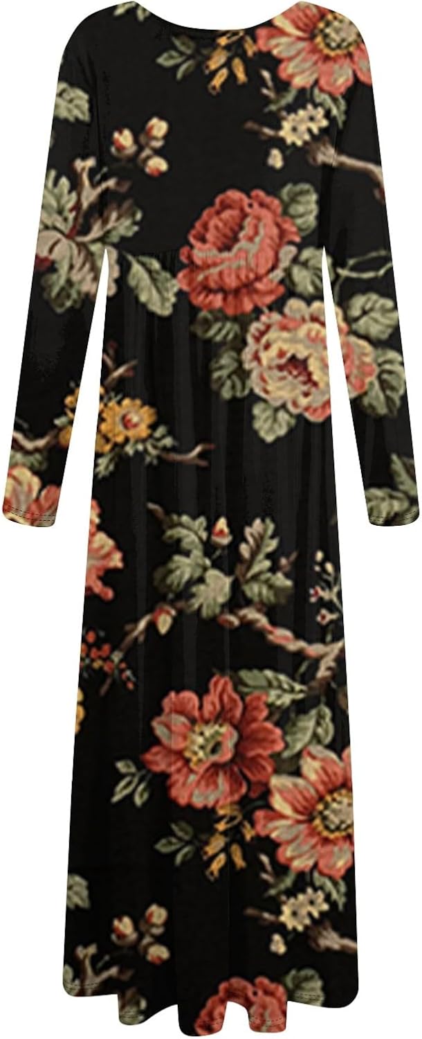 Long Sleeve Maxi Dress for Women Elegant Crew Neck Flowy Swing Dresses Solid Color Wedding Guest Dresses