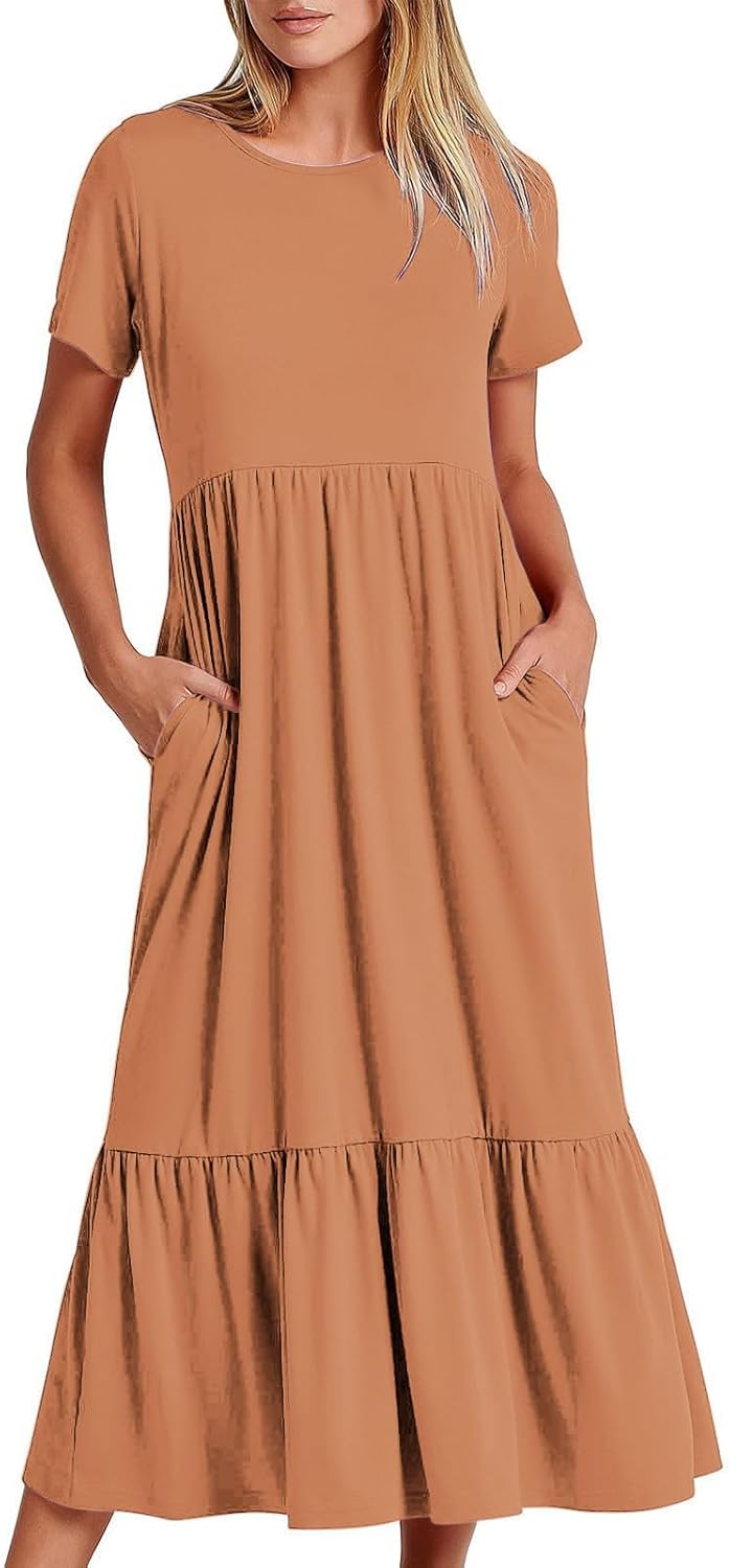 XUNRYAN Summer Dresses for Women 2024 Casual Calf Length Maxi Dress Pleated Flowy Tiered Swing Beach Sundress with Pockets