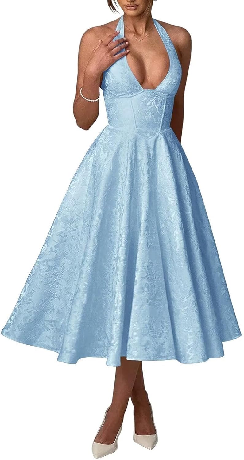 Bow Tea Length Prom Dress for Women Embroidery Satin Evening Party Gown A Line Corset Cocktail Dress