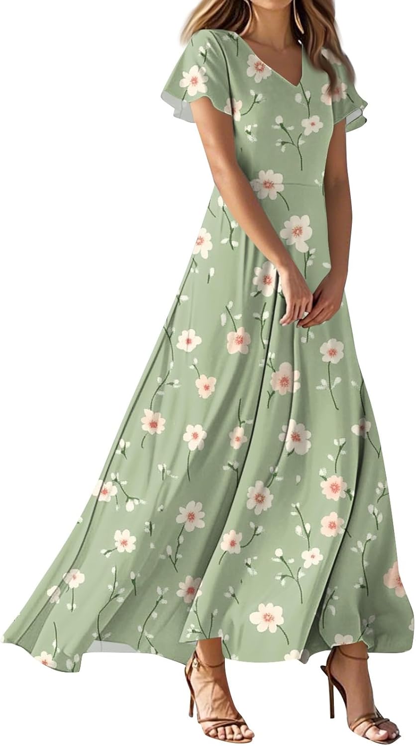 Womens Fashion V Neck Ruffle Short Sleeve Maxi Dress 2025 Summer Elegant Solid Color Flowy A Line Dresses