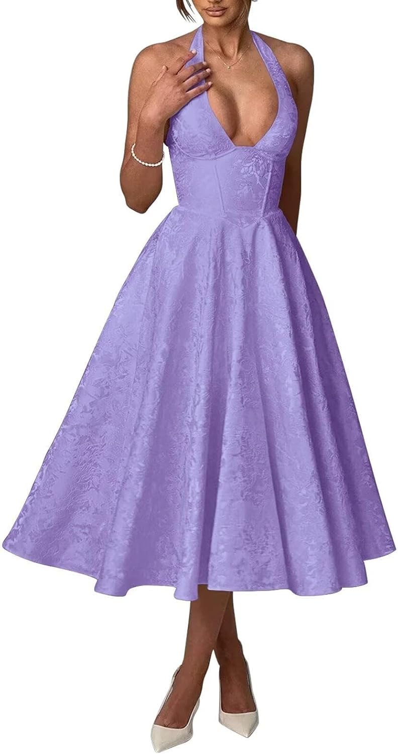 Bow Tea Length Prom Dress for Women Embroidery Satin Evening Party Gown A Line Corset Cocktail Dress