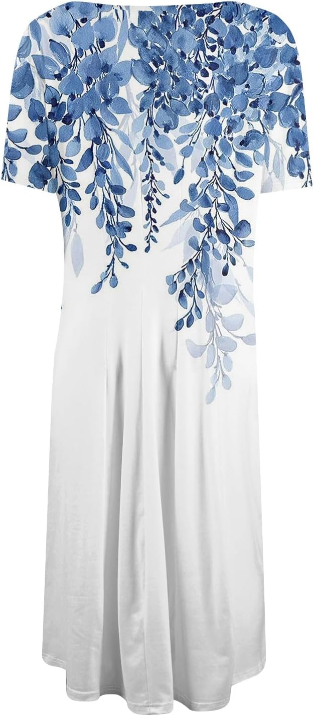 Summer Dresses for Women 2025 Crew Neck Short Sleeve Boho Beach Vacation Floral/Solid Midi Sundresses with Pockets