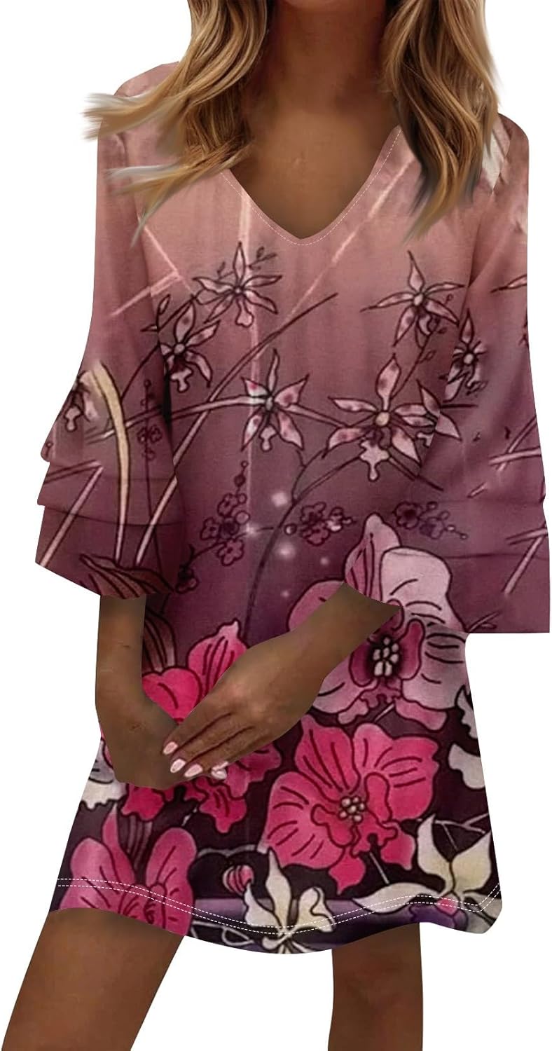Beach Dresses for Women,2025 Summer Trendy Floral Print Boho Dress,Casual Loose V Neck Bell 3/4 Sleeve Mini Dress
