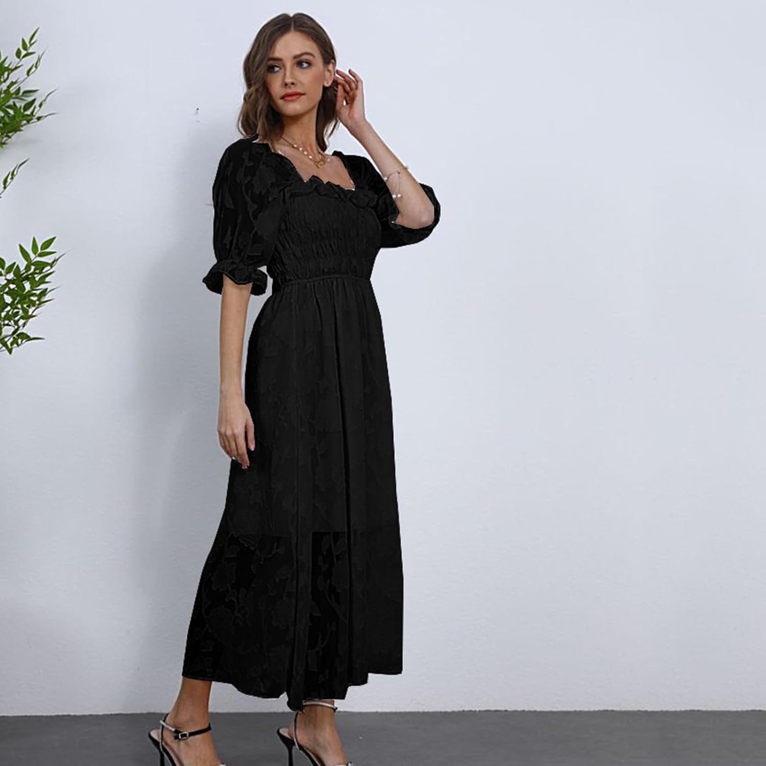 Women Floral Easter Spring Summer Dress Square Neck Chiffon Boho 2025 Maxi Long Wedding Guest Bridal Shower Dresses