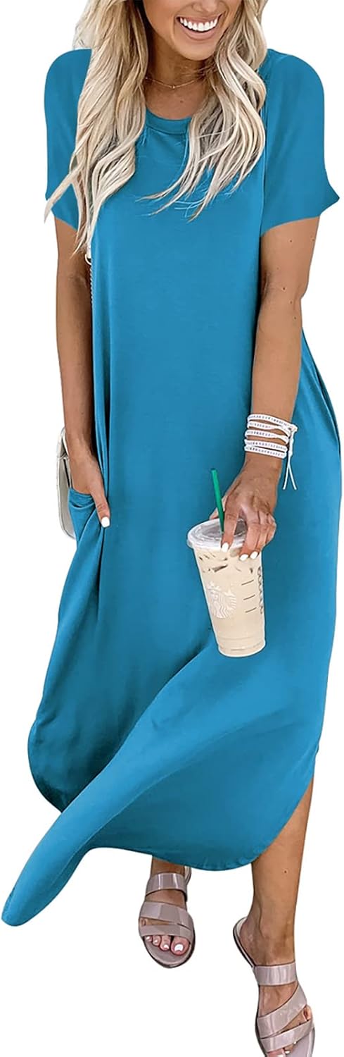 ANRABESS Women's Summer Casual Loose Short Sleeve Long T Shirt Dress Split Maxi Beach Sundress Travel Vacation Outfits