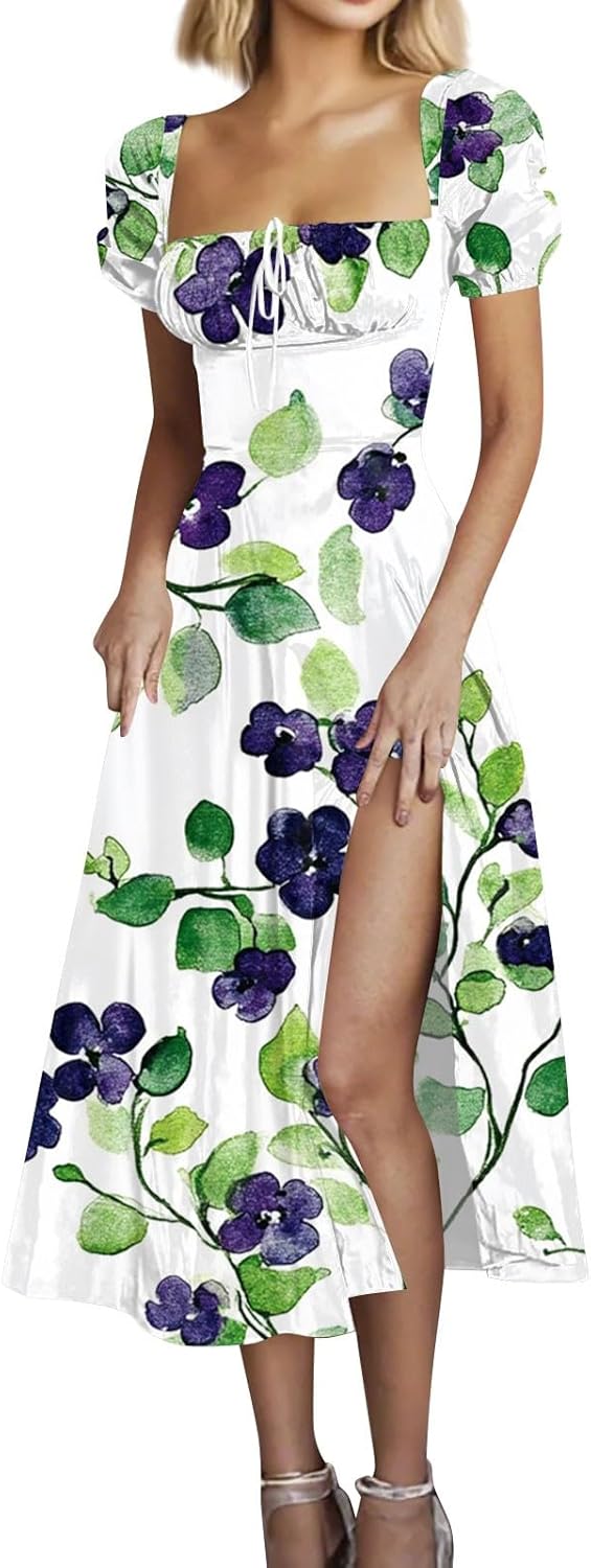 Women's Sundresses 2025 Summer Casual Loose Trendy Bubble Sleeve Square Neck Split Bow Floral Print Dress Plus Size, XS-3XL