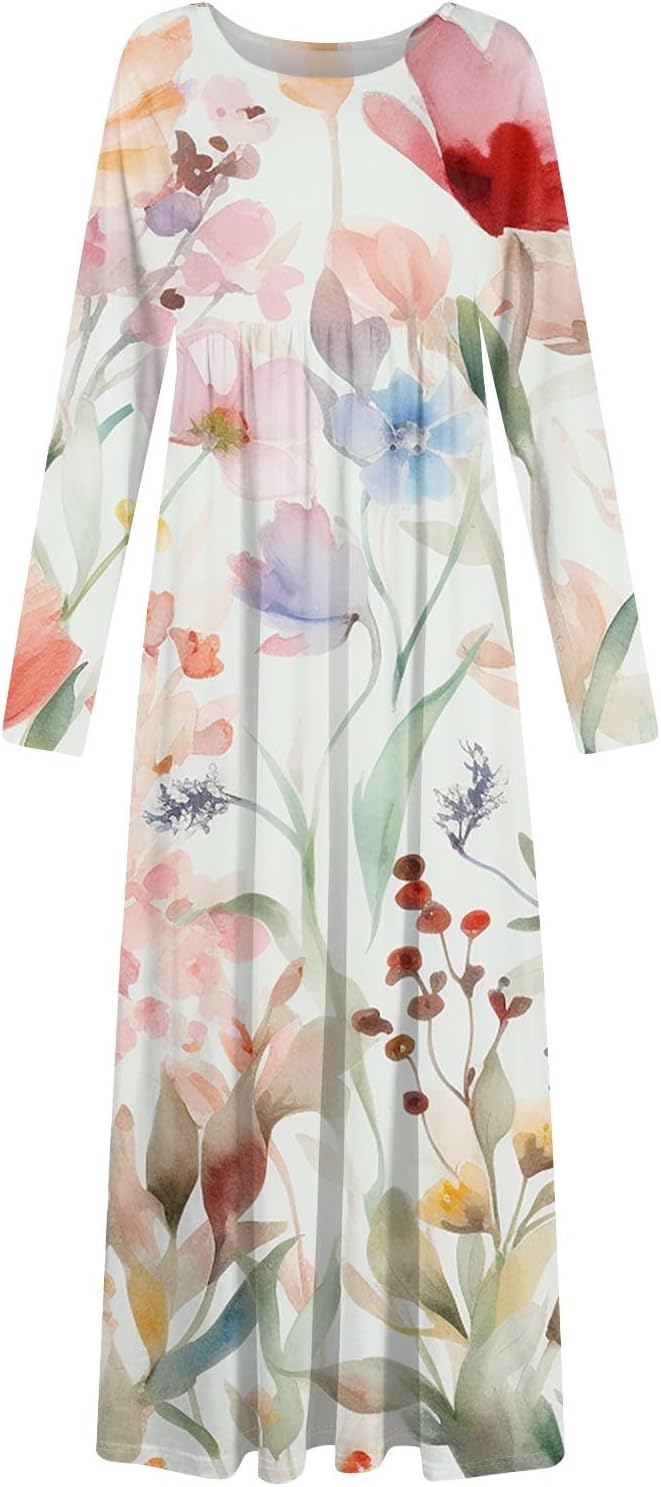 Long Sleeve Maxi Dress for Women Elegant Crew Neck Flowy Swing Dresses Solid Color Wedding Guest Dresses