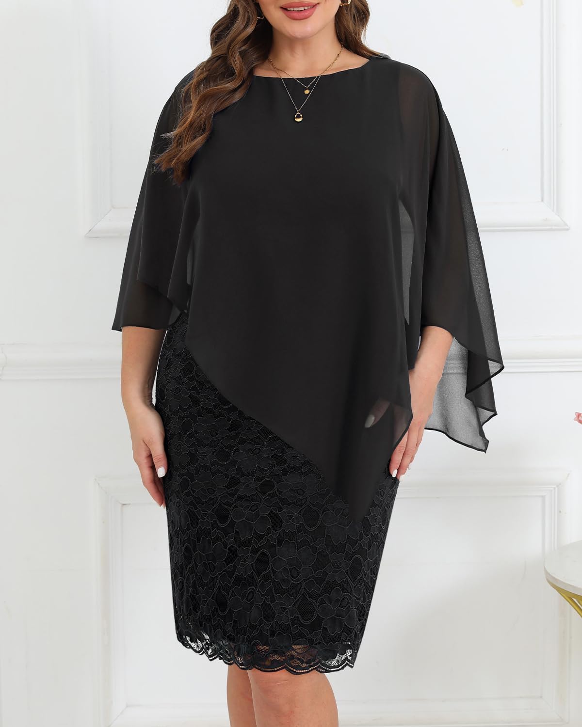 Plus Size Dresses Wedding Guest - Mother Bride Semi Formal Lace Cape with Chiffon Overlay Dresses