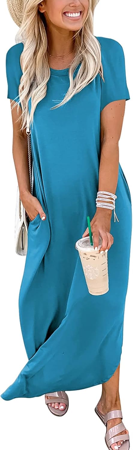 ANRABESS Women's Summer Casual Loose Short Sleeve Long T Shirt Dress Split Maxi Beach Sundress Travel Vacation Outfits