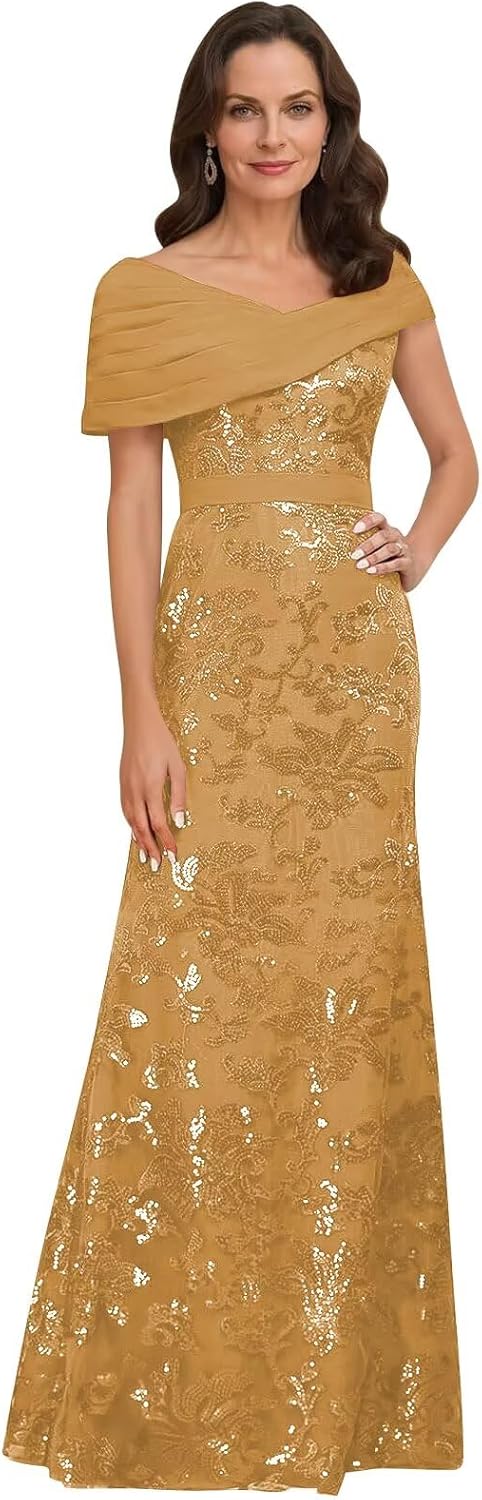 Lace Sequin Mother of The Bride Dresses for Women Long Mermaid Off The Shoulder Formal Evening Dress with Sleeves