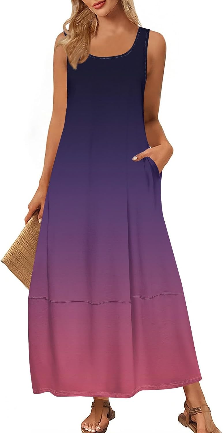 Womens Summer Tank Dress Vacation Boho Floral Long Dresses with Pockets Resort Wear Swing Beach Sleeveless Sundress