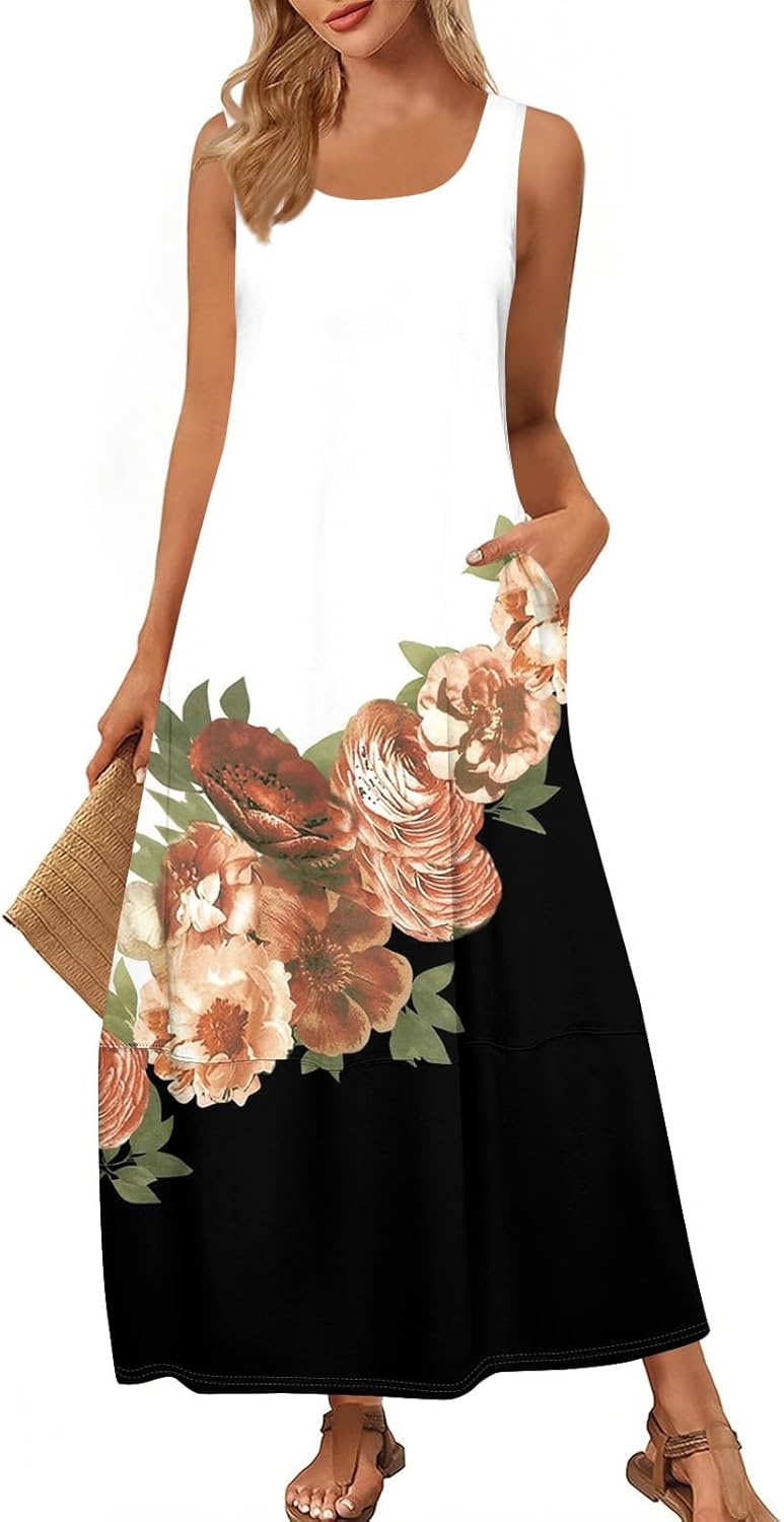 Womens Summer Tank Dress Vacation Boho Floral Long Dresses with Pockets Resort Wear Swing Beach Sleeveless Sundress