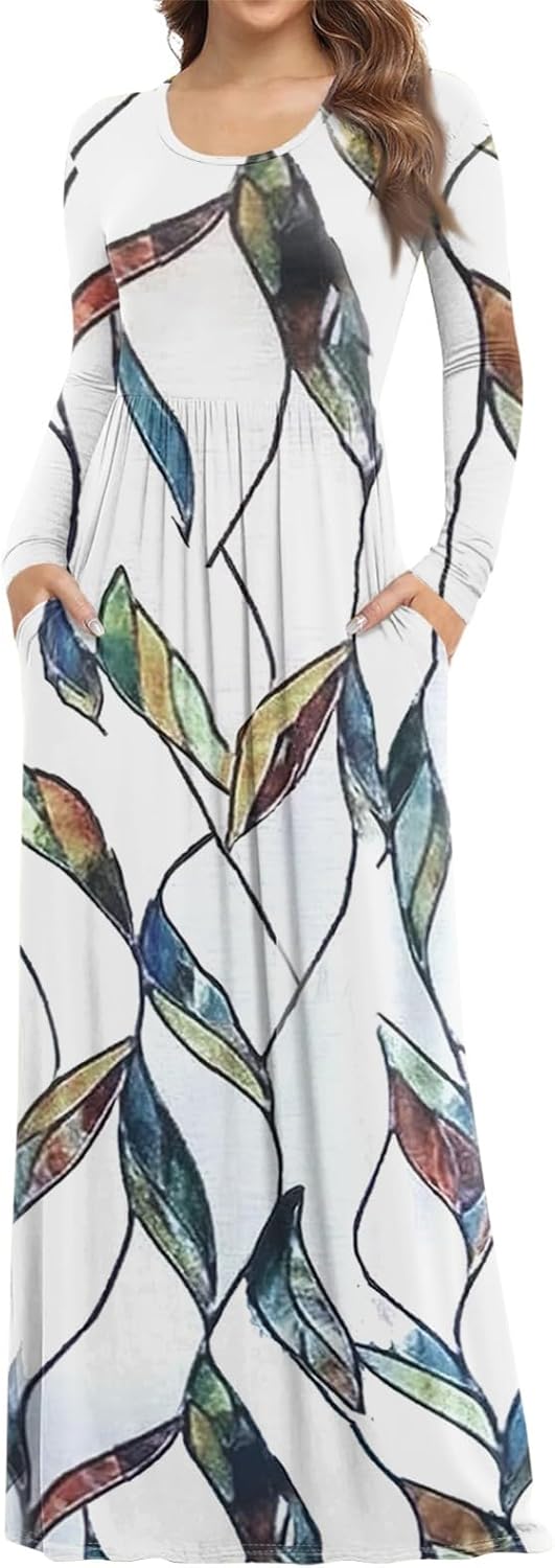 Long Sleeve Maxi Dress for Women Elegant Crew Neck Flowy Swing Dresses Solid Color Wedding Guest Dresses