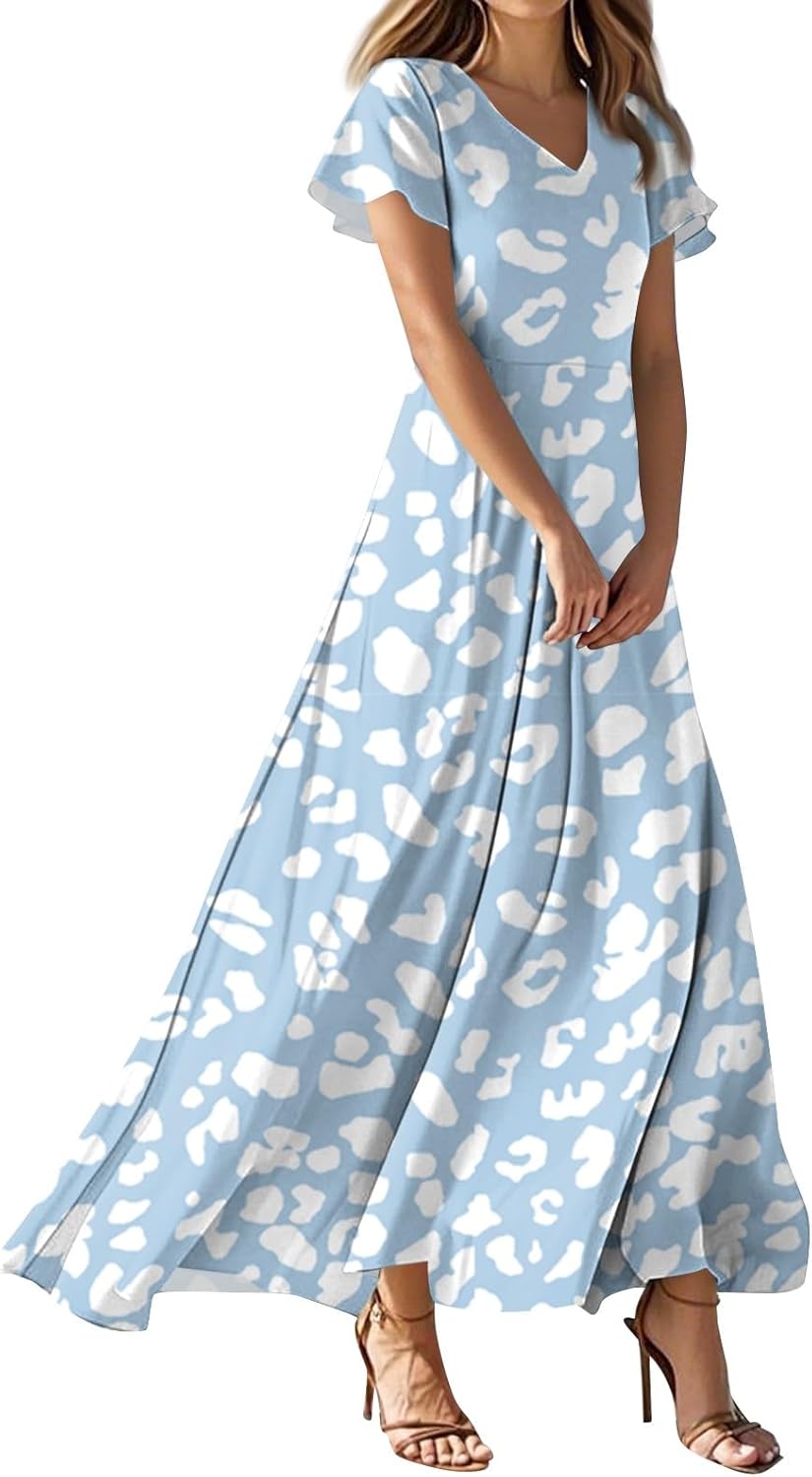Womens Fashion V Neck Ruffle Short Sleeve Maxi Dress 2025 Summer Elegant Solid Color Flowy A Line Dresses