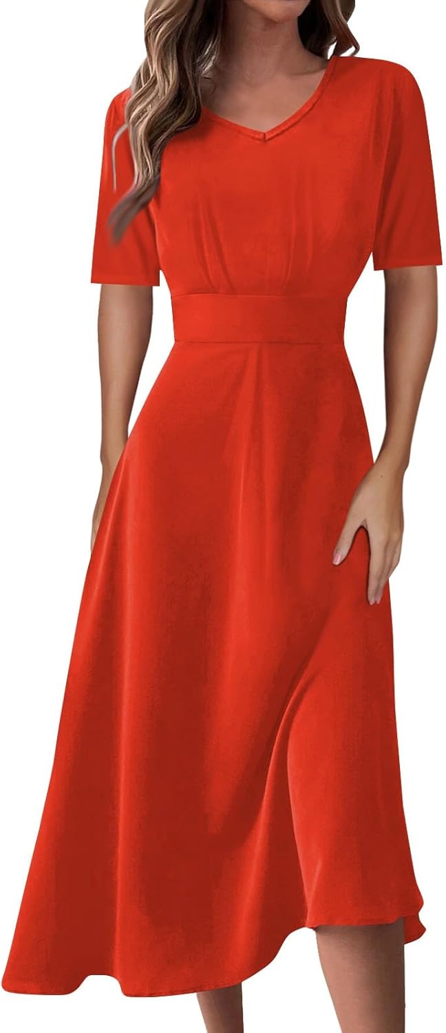 Women's Summer Elegant Cocktail Dress Solid Color Swing V-Neck Party Gown Dresses, S-2XL