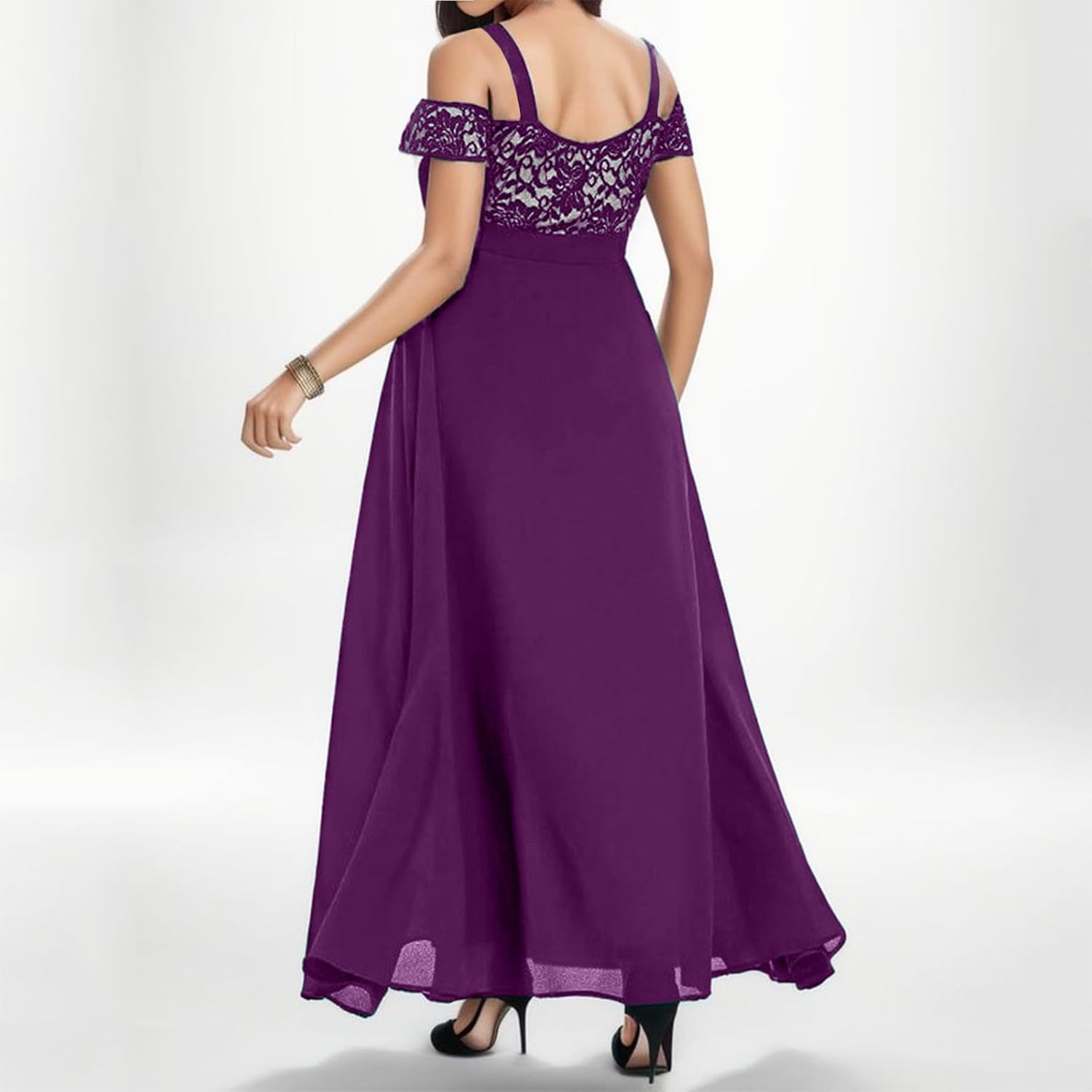 Womens Cold Shoulder Dresses Plus Size Lace Cocktail Dresses Chiffon Wedding Guest Maxi Dress Evening Party Gown