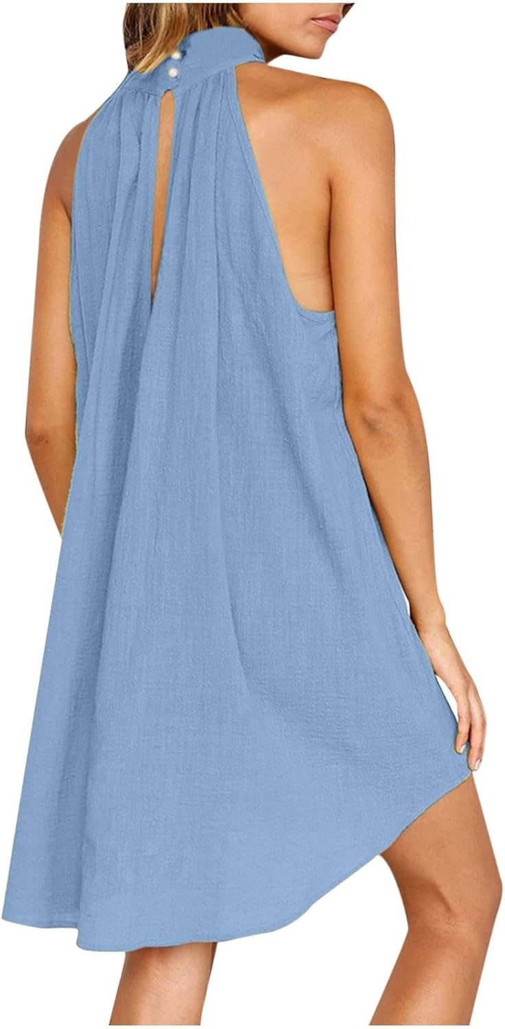 Sun Dresses for Women 2025 Vacation Halter Neck Solid Summer Casual Sundress Elegant Pleated High Low Mini Dresses