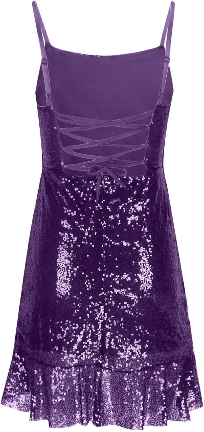 Binmer Women Sparkly Sequin Mini Dress Sexy Glitter Spaghetti Strap Backless Ruffle Hem Cami Short Mini Club Party Dresses