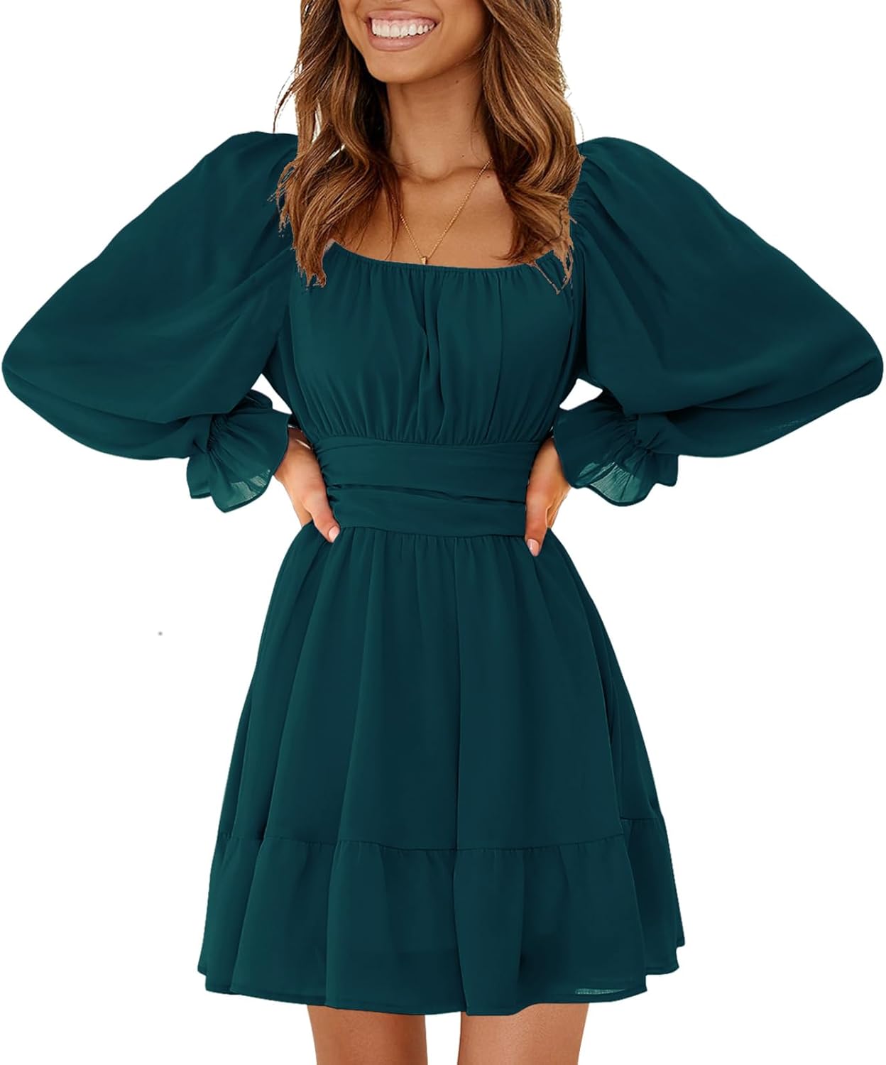 EXLURA Women's 2025 Casual Long Lantern Sleeve Dresses Square Neck Ruffle Tie Back Elastic Waist Aline Short Mini Dress
