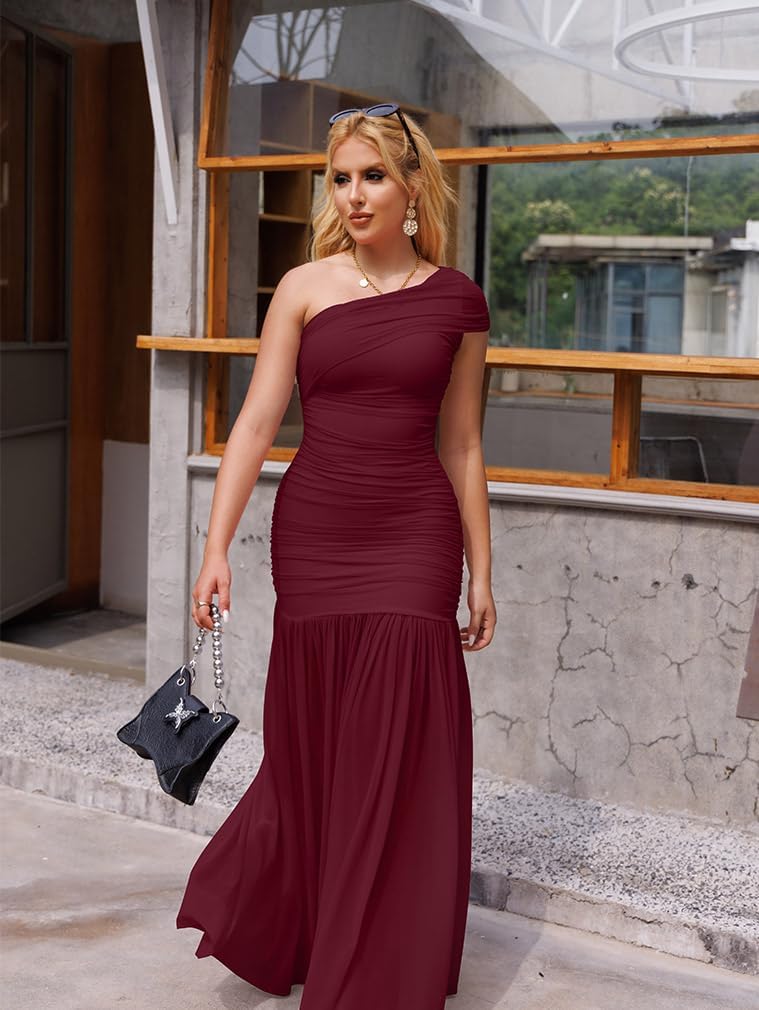 LAGSHIAN Women's Elegant Formal Long Dress One Shoulder Sleeveless Ruched Bodycon Evening Dress