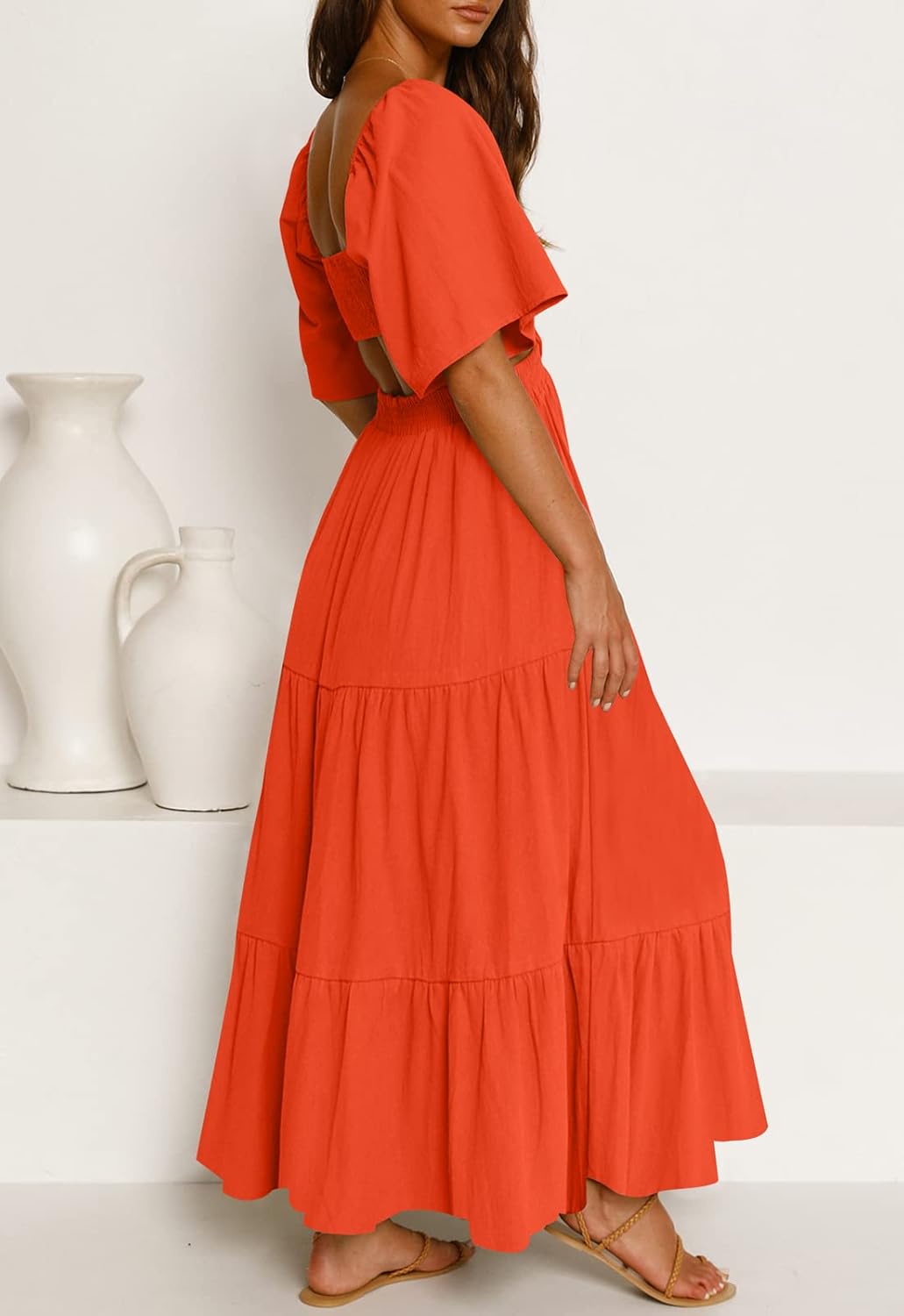 LEANI Women's 2025 Summer Cutout Maxi Dress Square Neck Short Sleeve Crossover Waist Casual Party Dresses