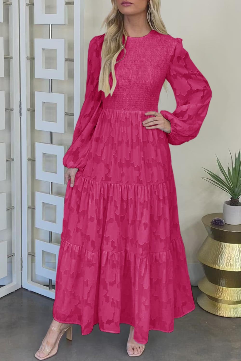 MITILLY Women's Elegant Floral Long Sleeve Round Neck Smocked A-Line Flowy Tiered Maxi Dress with Pockets