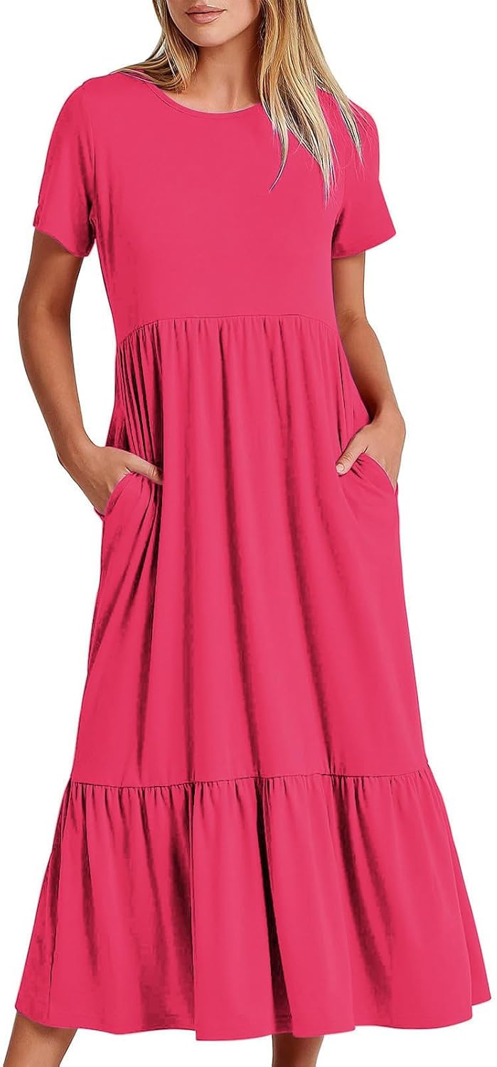 XUNRYAN Summer Dresses for Women 2024 Casual Calf Length Maxi Dress Pleated Flowy Tiered Swing Beach Sundress with Pockets