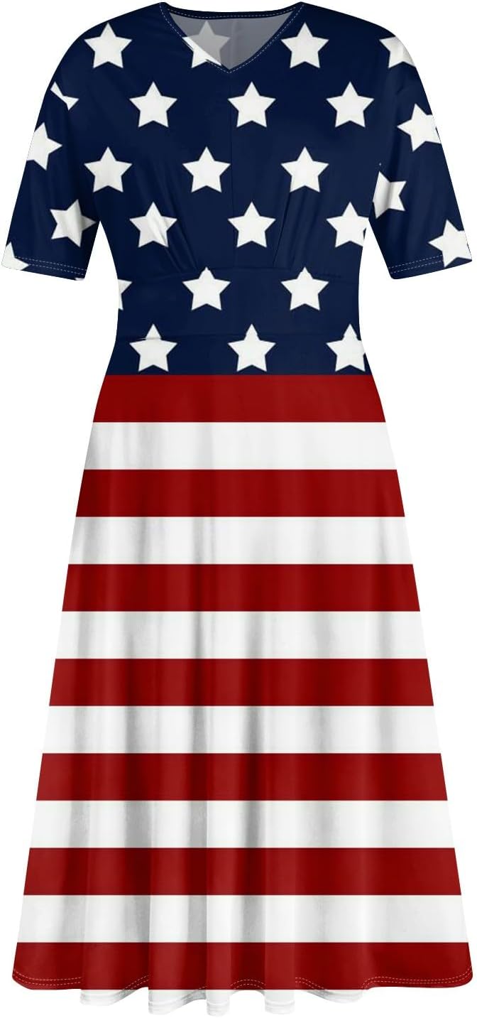 Women's Patriotic Star Print Midi Short Sleeve V-Neck Casual A-Line Dress for Summer Parties & Events