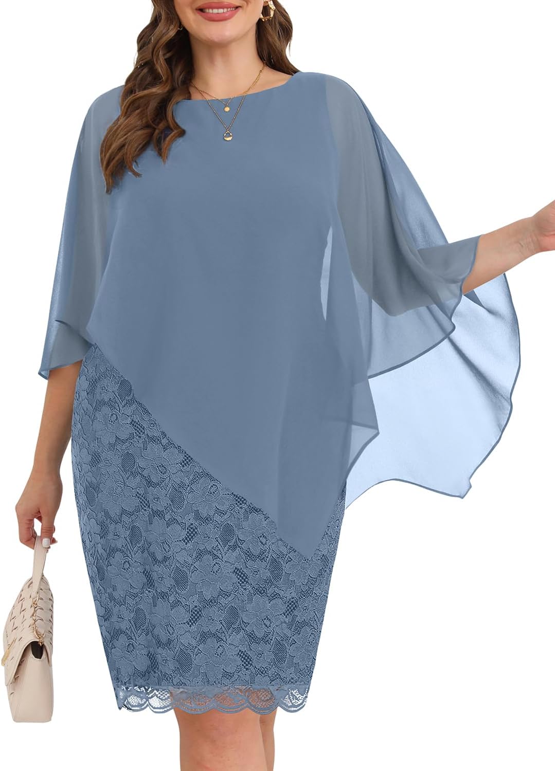 Plus Size Dresses Wedding Guest - Mother Bride Semi Formal Lace Cape with Chiffon Overlay Dresses