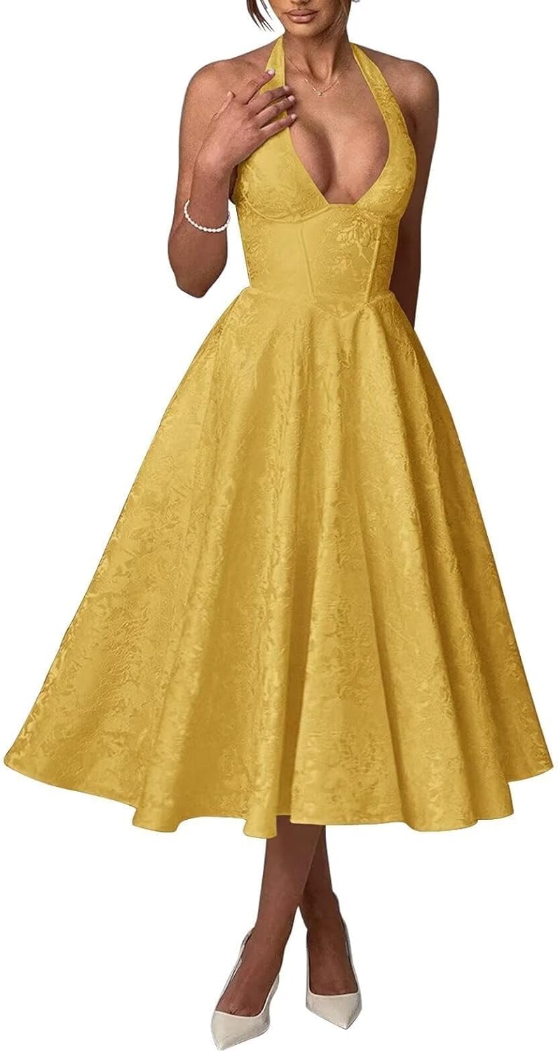 Bow Tea Length Prom Dress for Women Embroidery Satin Evening Party Gown A Line Corset Cocktail Dress