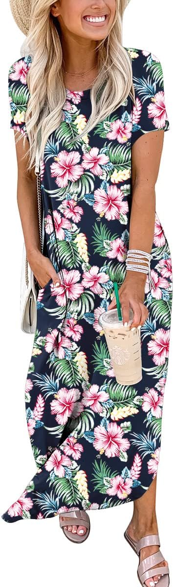 ANRABESS Women's Summer Casual Loose Short Sleeve Long T Shirt Dress Split Maxi Beach Sundress Travel Vacation Outfits