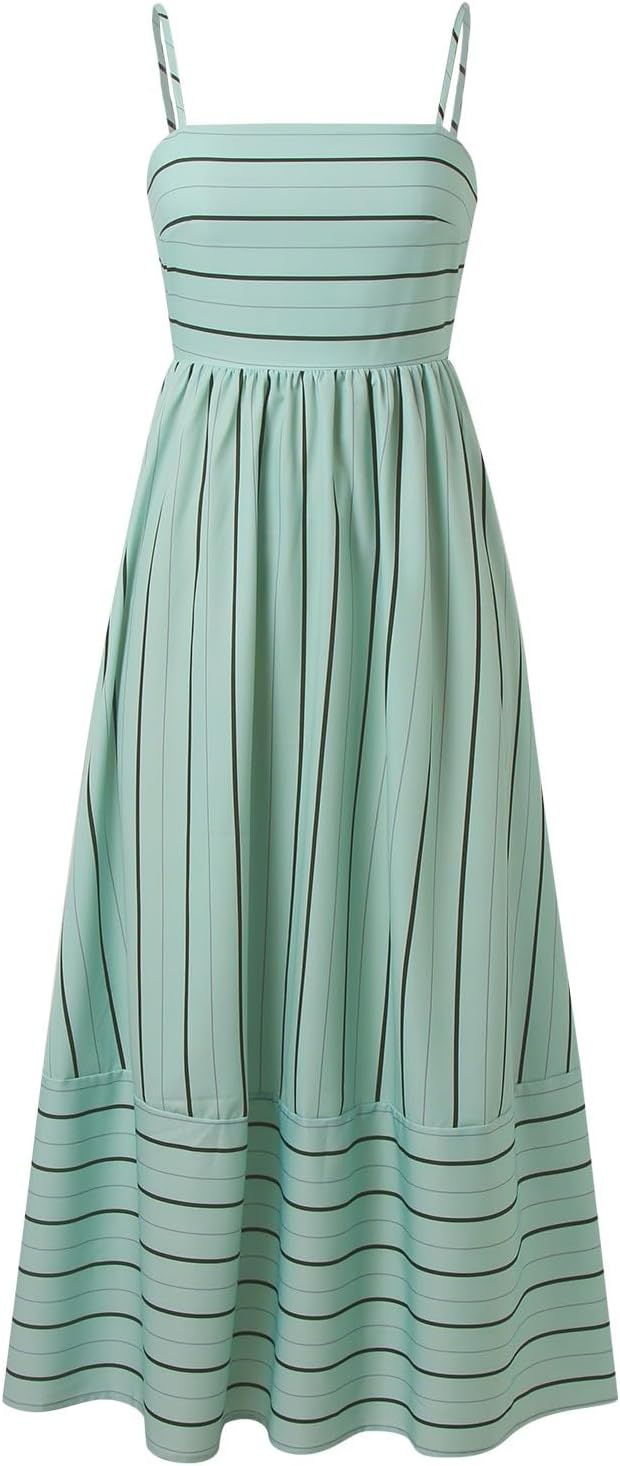 Beach Dresses for Women Summer Striped Back Smocked Maxi Dress Spaghetti Strap Cut Out Flowy A Line Long Sundresses