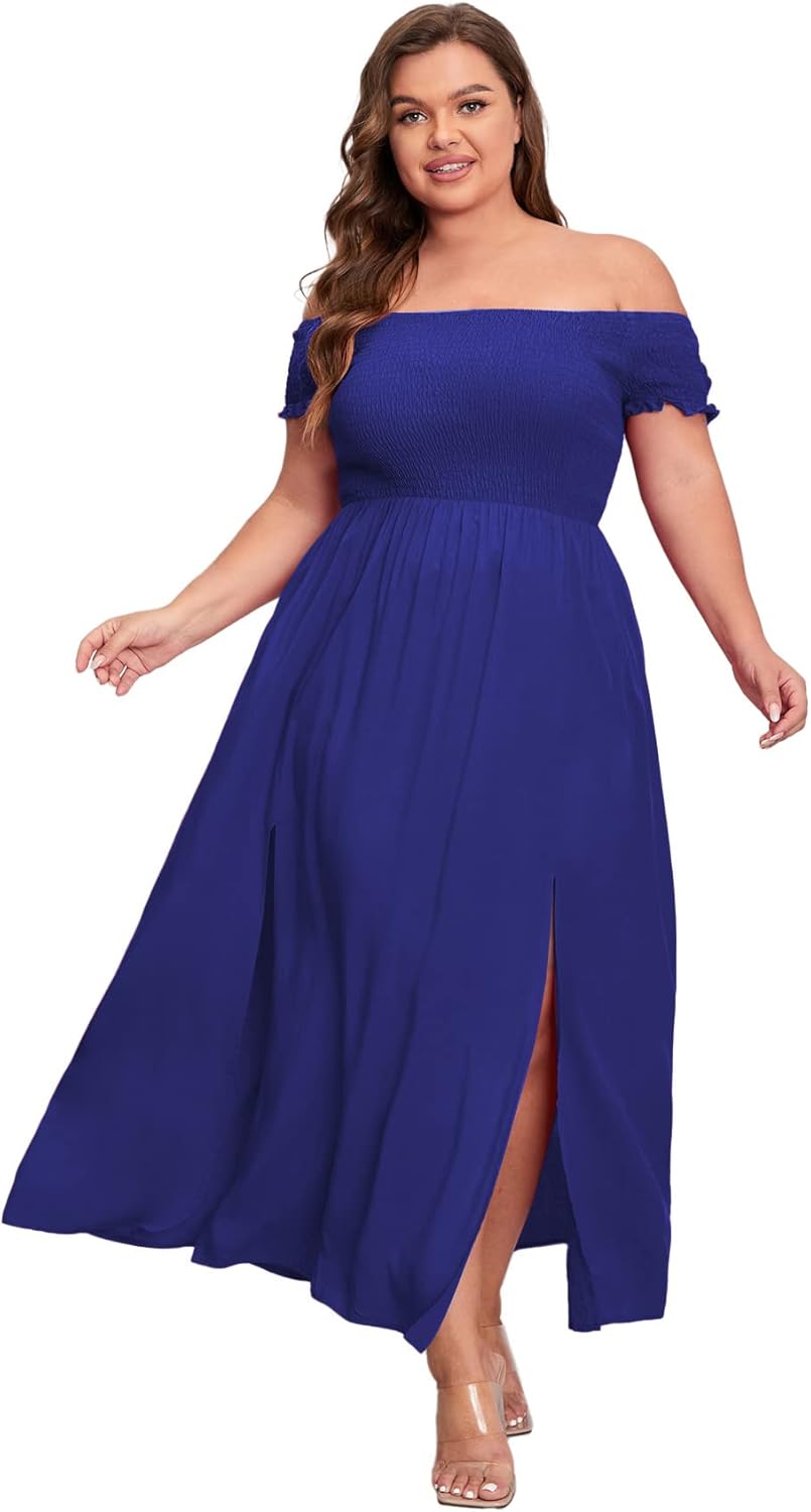 Floerns Women's Boho Floral Print Off Shoulder Split Long A Line Dress