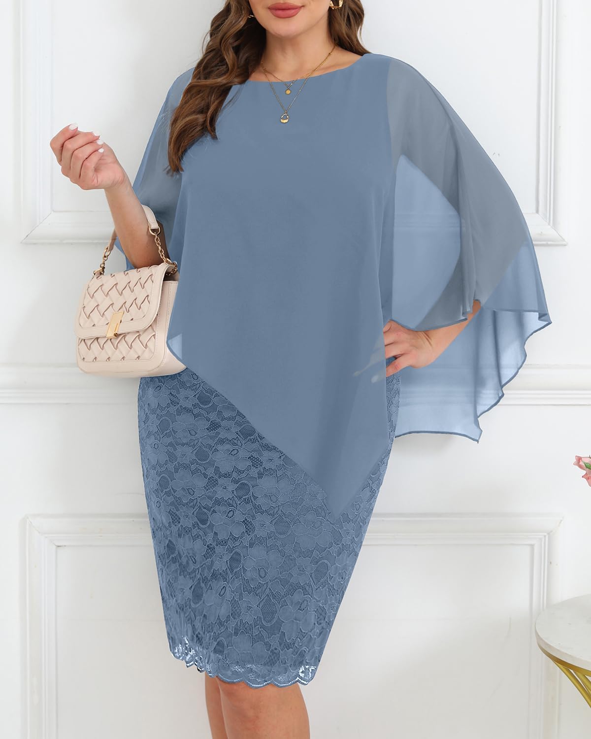Plus Size Dresses Wedding Guest - Mother Bride Semi Formal Lace Cape with Chiffon Overlay Dresses