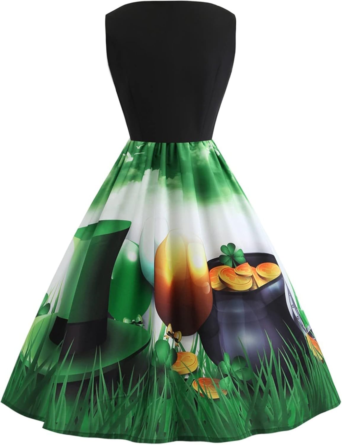 aihihe St Patricks Day Dress for Women A Line Pleated Hepburn Dress Lukcy Shamrock Print Irish Dress 2024 Vintage Dress