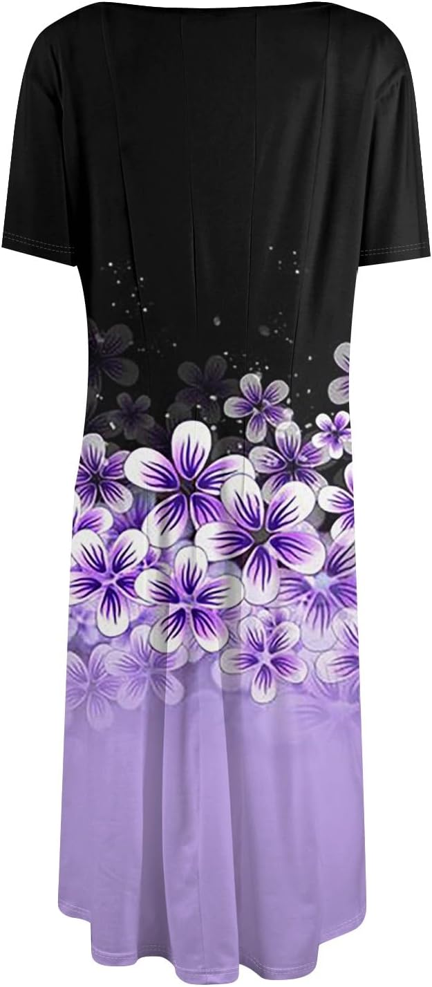 Summer Dresses for Women 2025 Crew Neck Short Sleeve Boho Beach Vacation Floral/Solid Midi Sundresses with Pockets