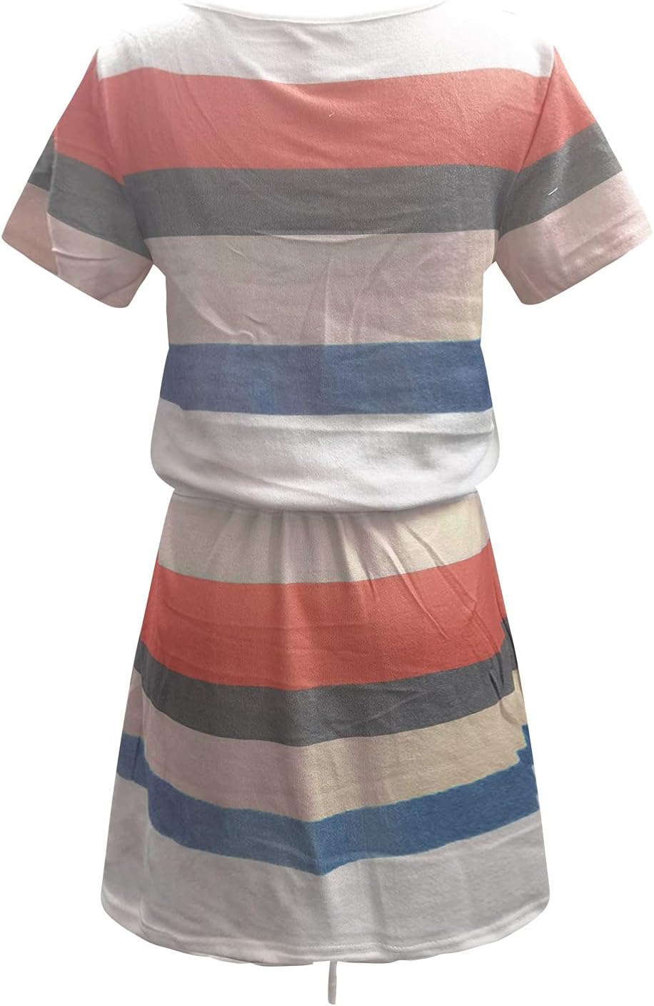 Women Summer Casual Striped Dress Drawstring Waist Tie Knot Mini Dresses Short Sleeve V Neck Tank Dress with Pocket