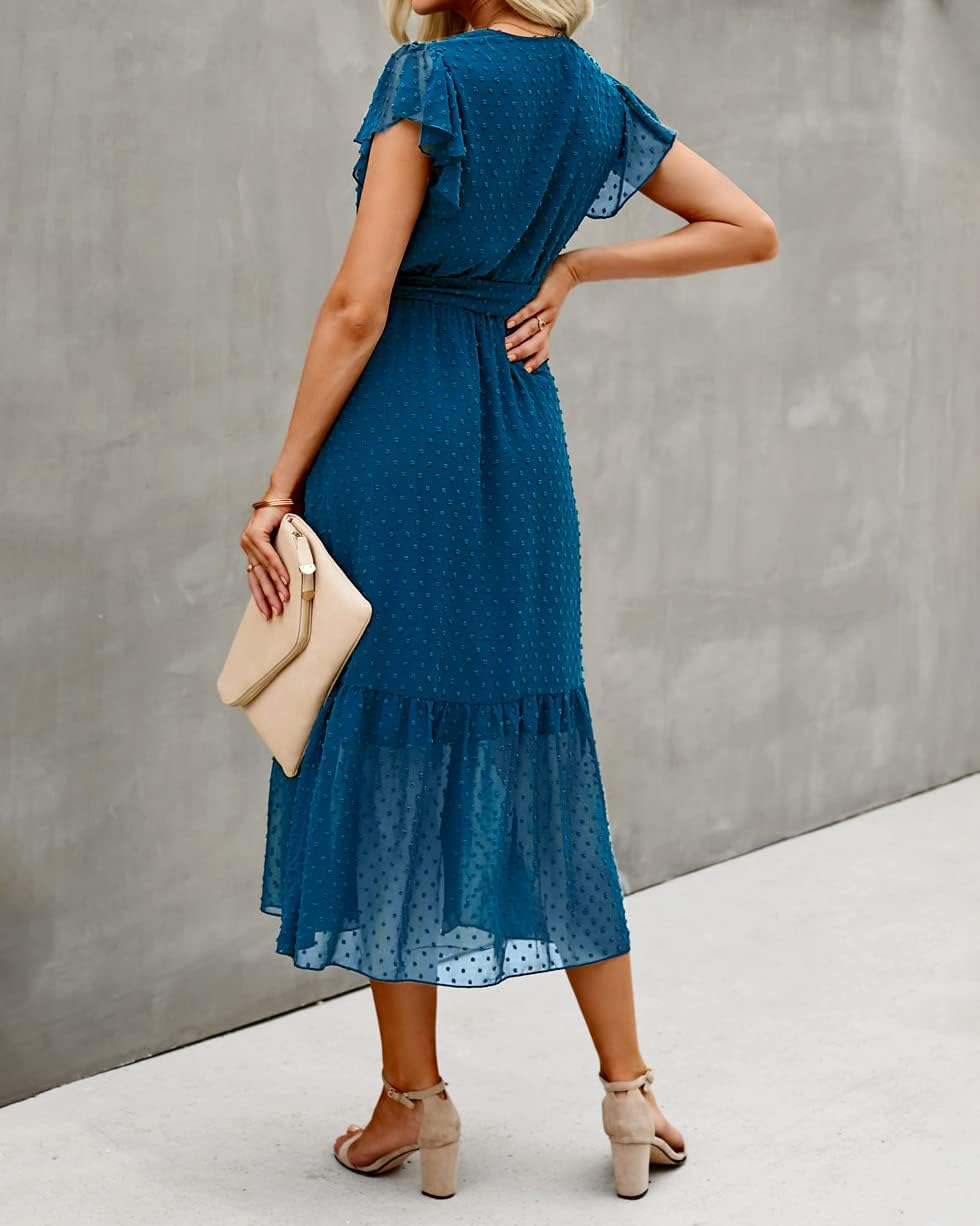 BTFBM Women Summer Bohemian Floral Casual Wrap V Neck Ruffle Cap Sleeveless Belt A-Line Pleated Hem Midi Sun Dress White