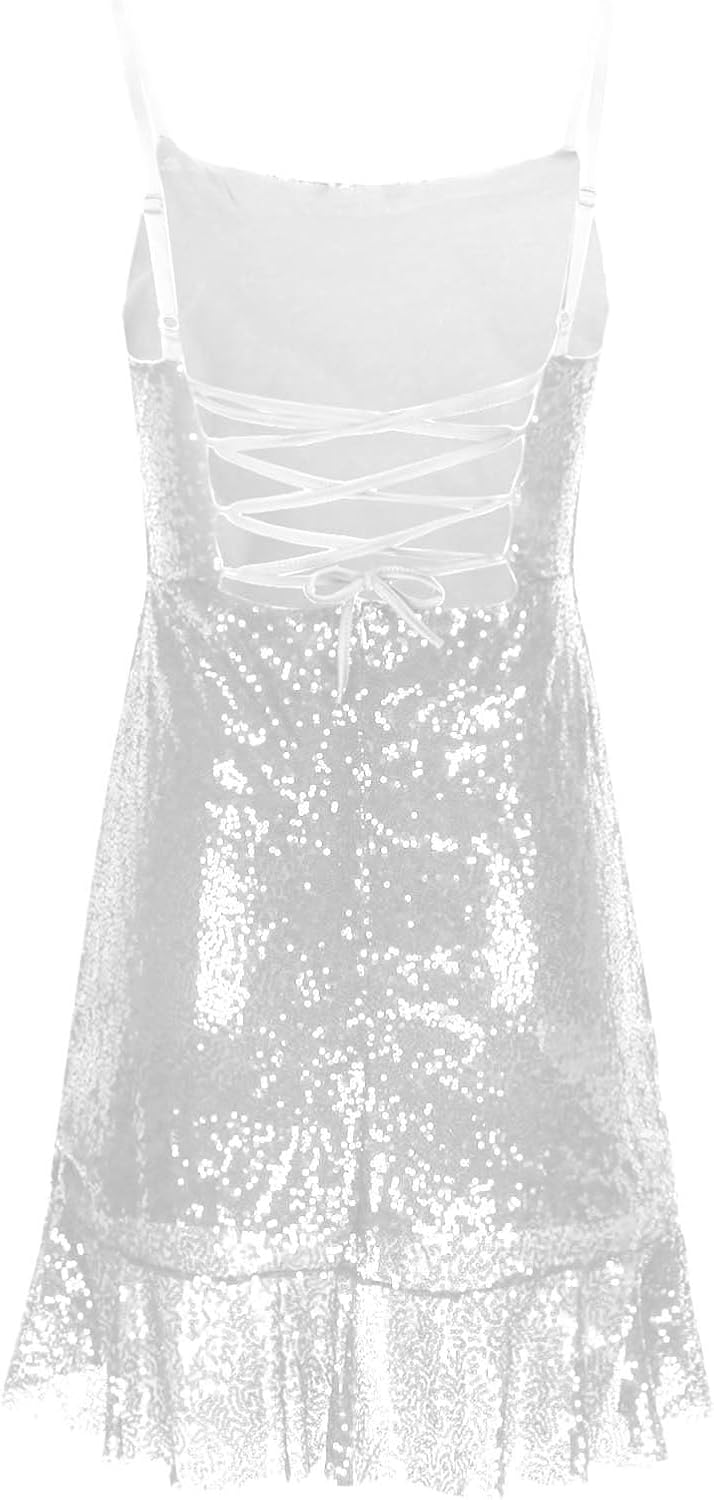 Binmer Women Sparkly Sequin Mini Dress Sexy Glitter Spaghetti Strap Backless Ruffle Hem Cami Short Mini Club Party Dresses