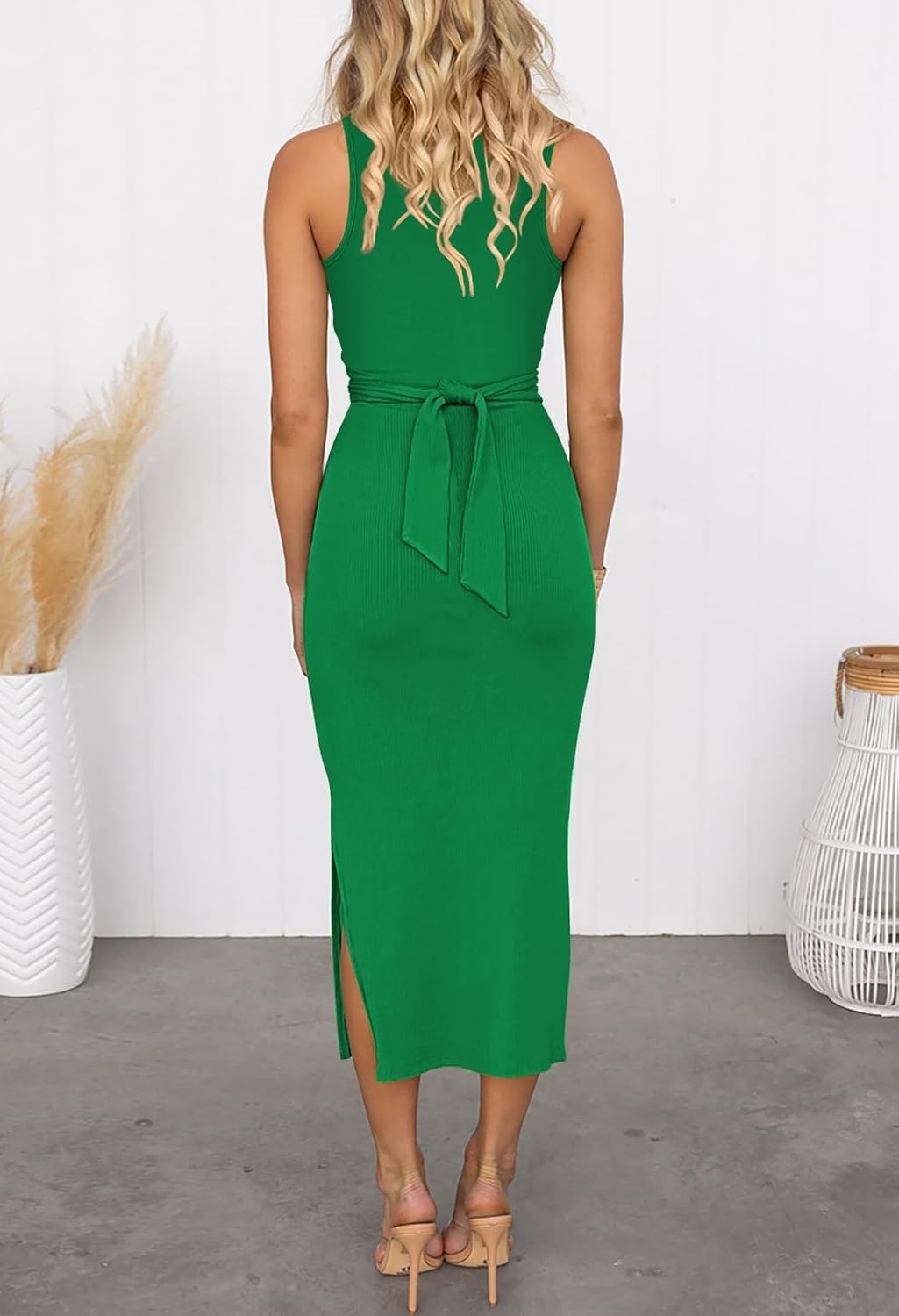 HUUSA Women's Sexy Sleeveless Cut Out Slim Bodycon Dress Crewneck Crisscross Twist Ruched Slit Ribbed Knit Tank Midi Dress