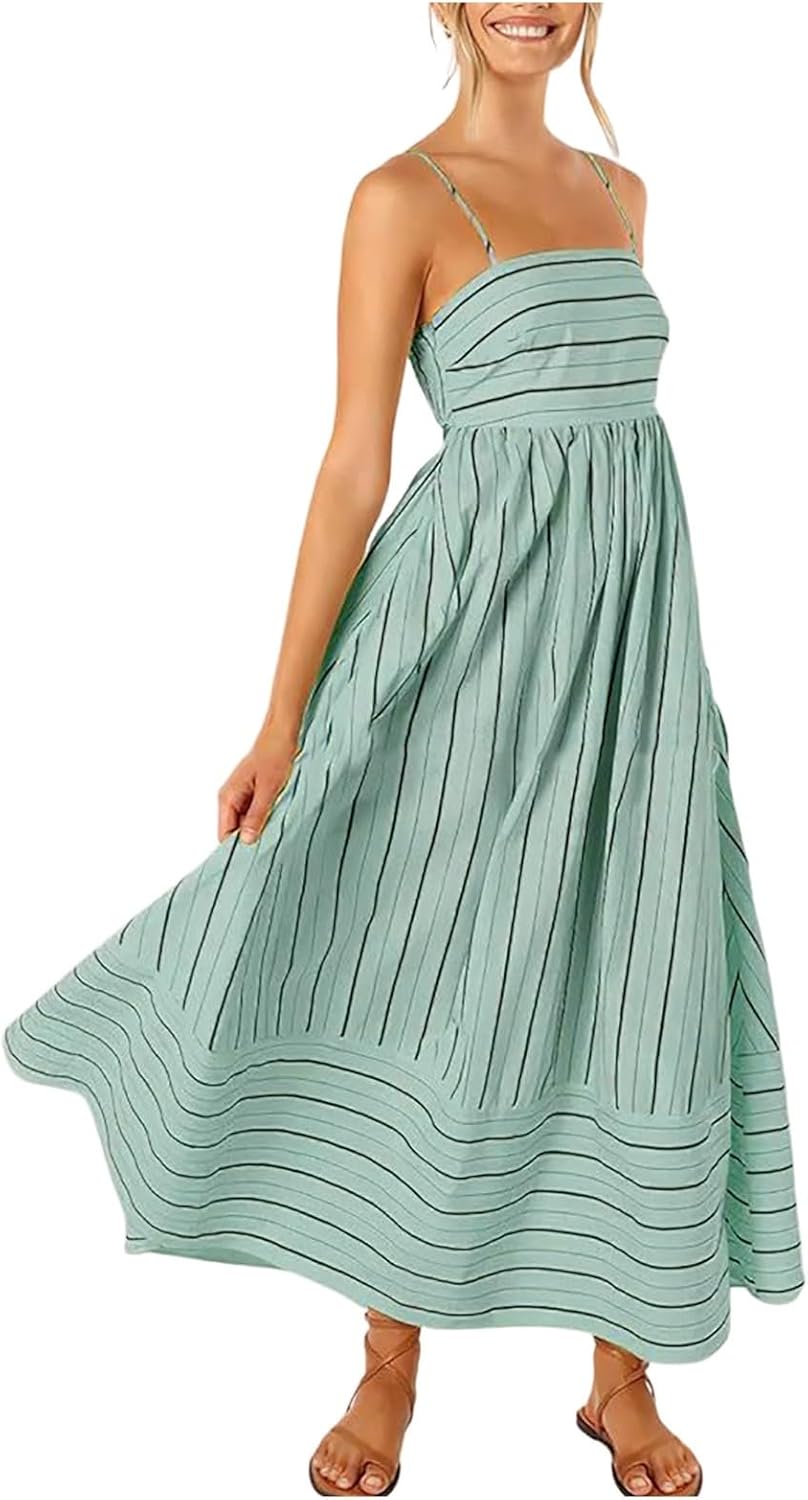 Beach Dresses for Women Summer Striped Back Smocked Maxi Dress Spaghetti Strap Cut Out Flowy A Line Long Sundresses