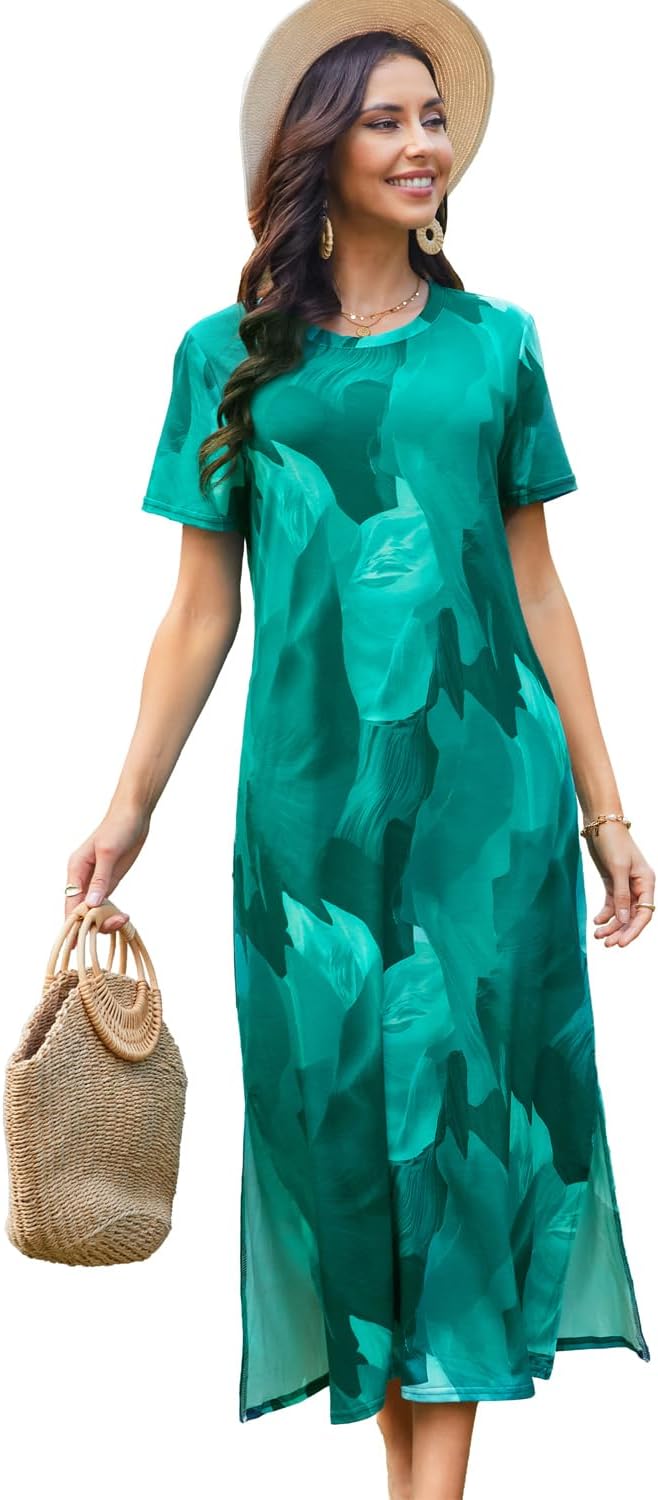 Naggoo Women's Short Sleeve Split Maxi Dress Casual Plain Tie Dye Print Tshirt Long Dresses with Pockets