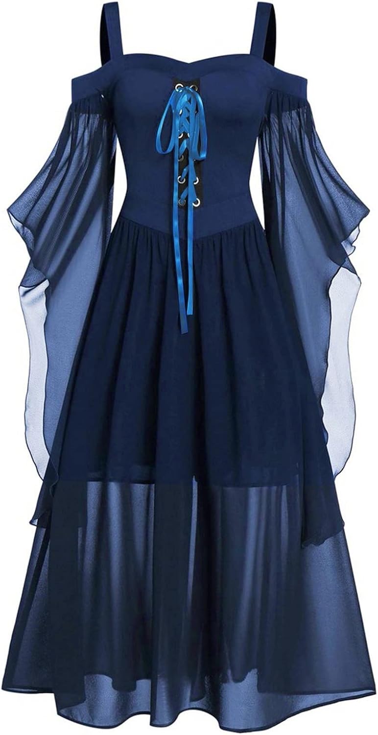 Women Casual Cold Shoulder Dress Solid Color Lace Butterfly Sleeve Halloween Retro Cocktail Party Gothic Prom Dress