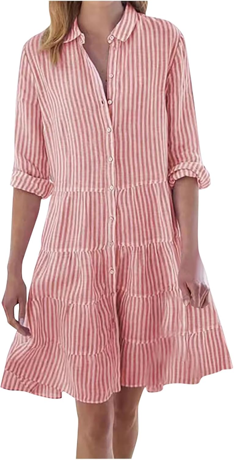 Button Down Dress for Women Summer Casual Striped Long Sleeve V Neck Lapel Dresses Loose Ruched Party Midi Dress 2025