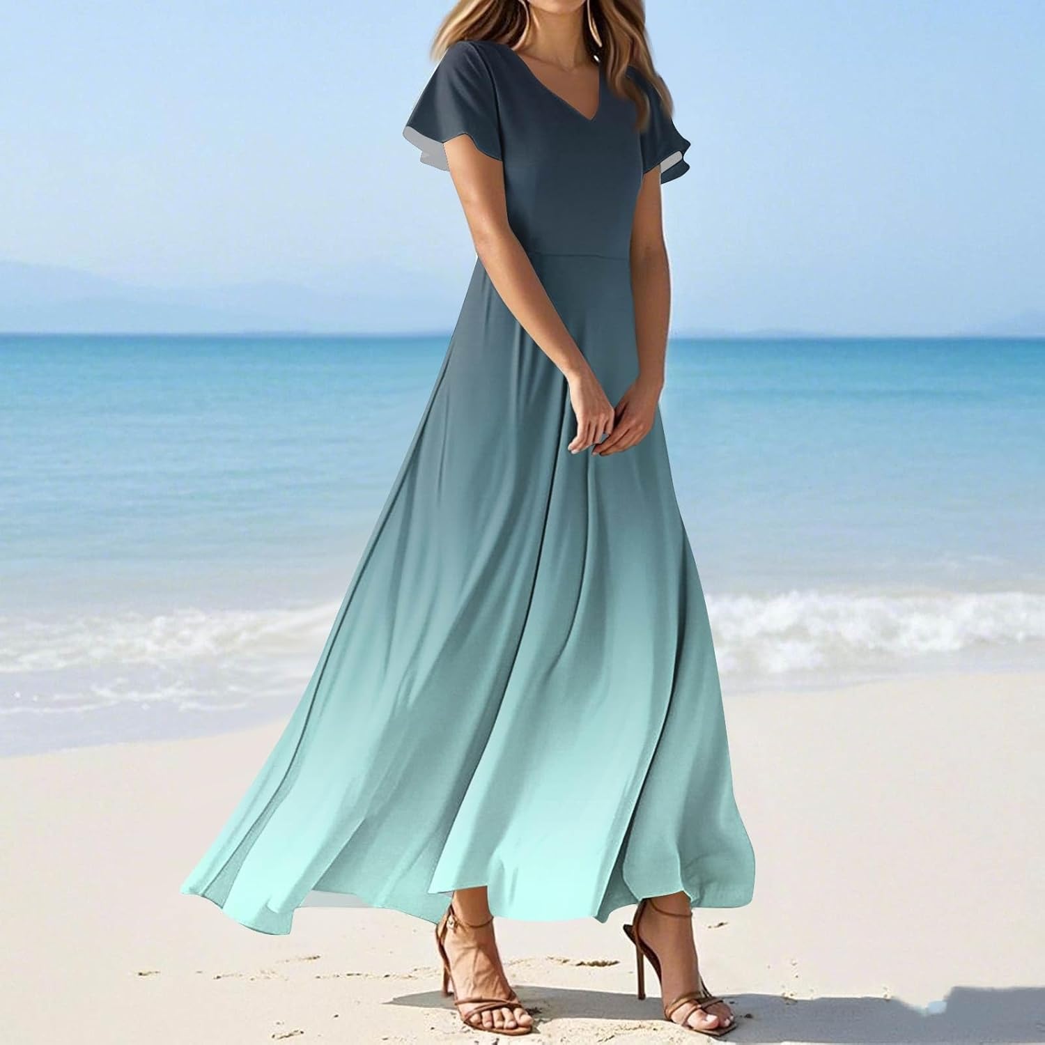 Womens Fashion V Neck Ruffle Short Sleeve Maxi Dress 2025 Summer Elegant Solid Color Flowy A Line Dresses