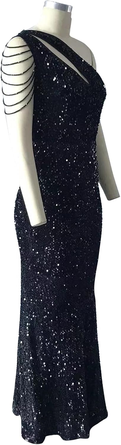 Cololura Women Sequin Elegant Sexy One Shoulder Tassel Mermaid Bodycon Cocktail Evening Dress