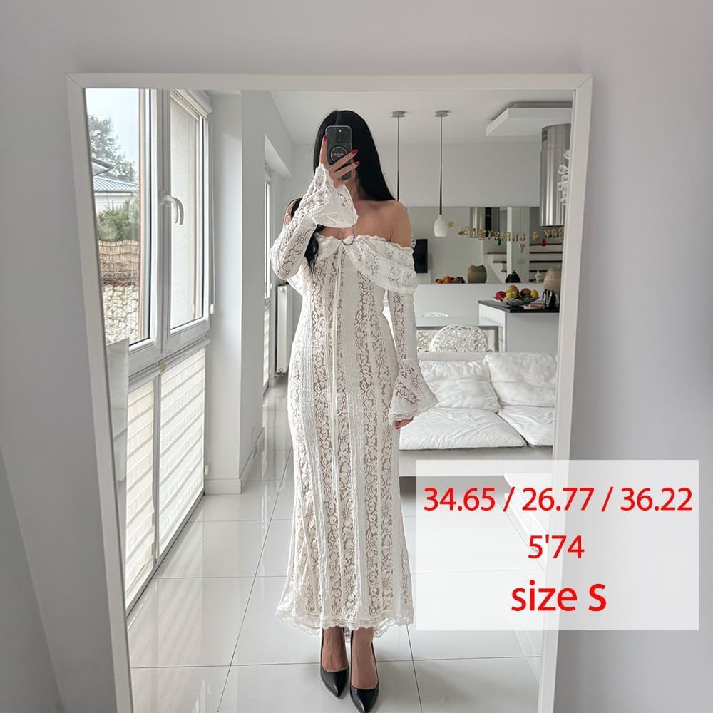 Autumn Elegant Off Shoulder Lace Maxi Dress White Women Long Sleeve Evening Party Dresses for Date Nights