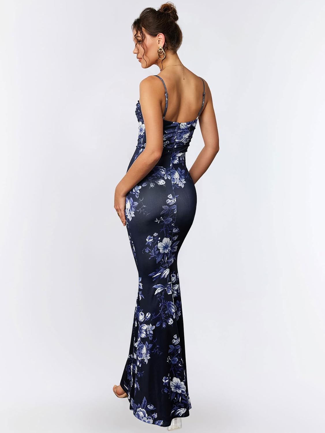 EYNMIN Women's Sleeveless Bodycon Corset Maxi Dress Spaghetti Strap Ruched Elegant Evening Wedding Guest Long Formal Dresses